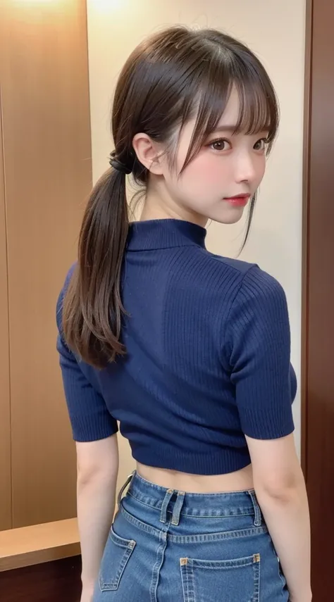 beautiful girl, Very beautiful and detailed face, Laugh shyly, Deep Valley), ((Facing away from the camera))、(She has big breasts、チャコールグレー色のhigh neck ribbed knit t-shirt.Denim skirt、Show off your thighs:1.3), (Beautiful legs))), Her hair is braided up, (Be...