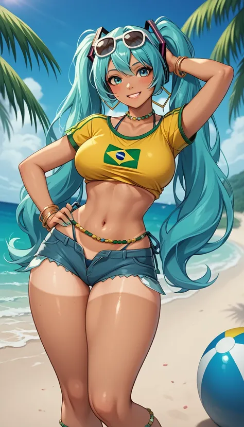 "a cheerful and vibrant brazilian version of hatsune miku standing on the beach. she has long hair with two aqua colored pigtail...