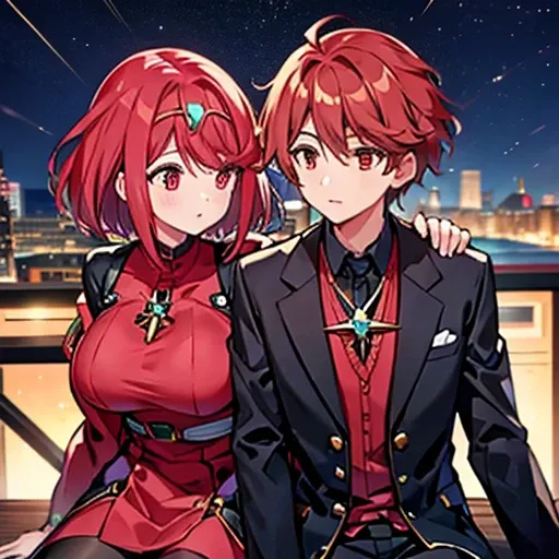 a girl with red eyes and bright hair, red blouse and shirts, green crystal on her chest, sitting next to a boy with short black ...