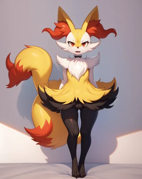 1girl, solo, looking at viewer, red eyes, animal ears, flat chest, standing, , tail, full body, , , , fang,, animal ear fluff, fox ears, pokemon (creature),  fox tail, fox girl, , furry,, fur collar, animal hands, furry female, body fur, white fur, animal ...