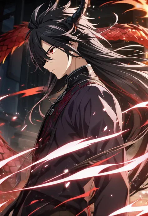 1boy, black hair, long hair, red eyes, black-purple clothes, male, chinese-dragon horns, left profile, CG