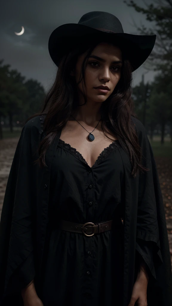 a mexican vampire with long curly dark brown hair and a black cloak with a black button-up shirt and a crescent moon necklace, with a scar on the face, detailed facial features, atmospheric dark moody lighting, cinematic dramatic shadows, gothic horror sty...