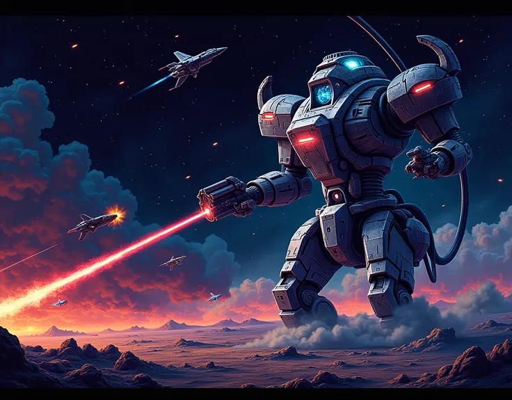 (Retro classic game, gradius, shmup, Moment of Final Battle, Tense scene), a small spacefighter jet facing right on the left, a laser is being fired rightward from the small fighter jet, Bullets are fired from a small space fighter. a huge space fortress m...