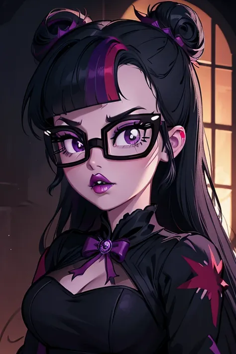 Twilight sparkle, goth girl, full-length ,beautiful, detail, gothic dress, glasses, dark night background, gothic, goth, goth, goth girl, dark eye shadow, black eye shadow, black lipstick, bun hair. 