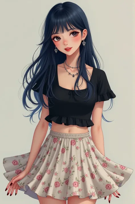 A girl with long dark blue hair, wearing a short, flowered skirt with a Black top in Camilla style, earrings, nail polish in dark Red and black