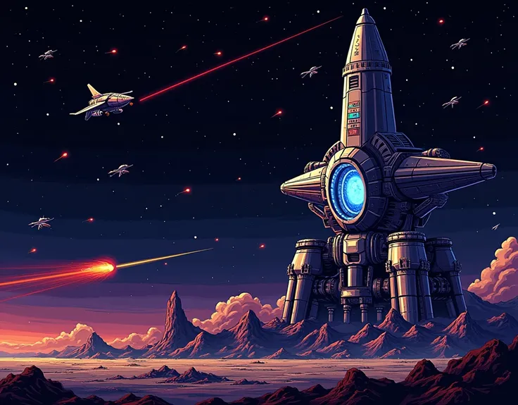 (Retro classic game, Pixel art, gradius, shmup, Moment of Final Battle, Tense scene), a small spacefighter jet facing right on the left, a laser is being fired rightward from the small fighter jet, Bullets are fired from a small space fighter. a huge space...