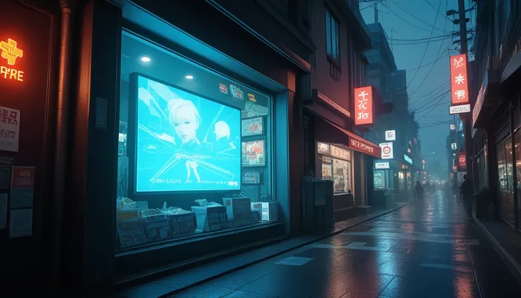 ((cyberpunk streetscape)), japanese urban street, a shopfront displays a large-screen television