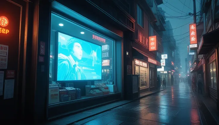 ((cyberpunk streetscape)), japanese urban street, a shopfront displays a large-screen television