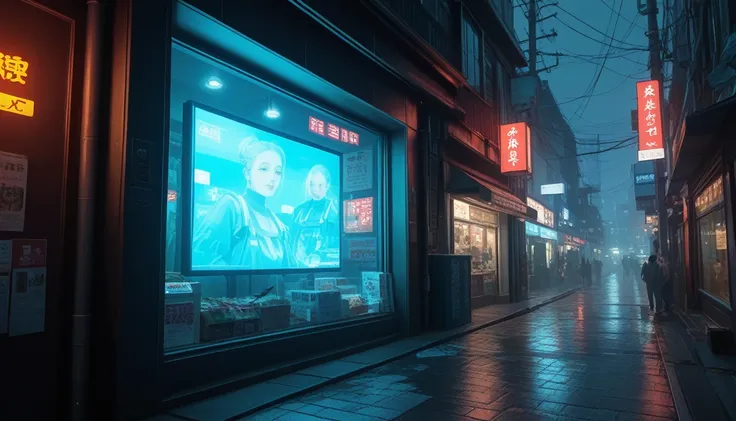 ((cyberpunk streetscape)), japanese urban street, a shopfront displays a large-screen television