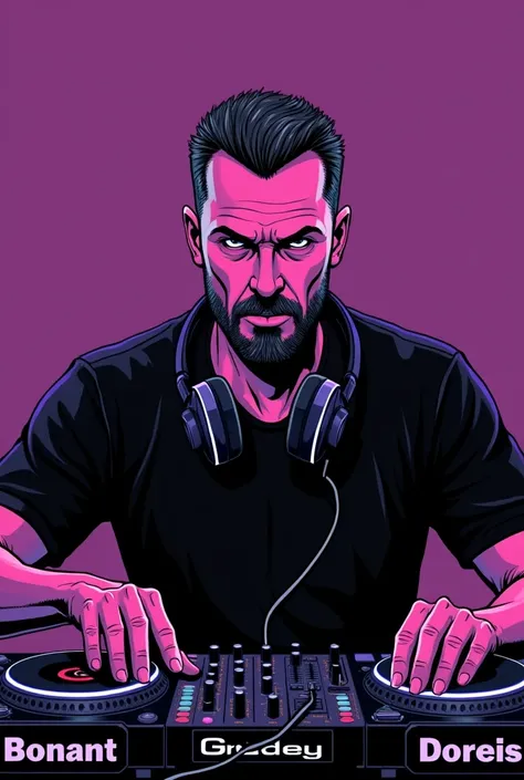 A DJ with a short beard ,serious and white a comic-like drawing in purple and black colors