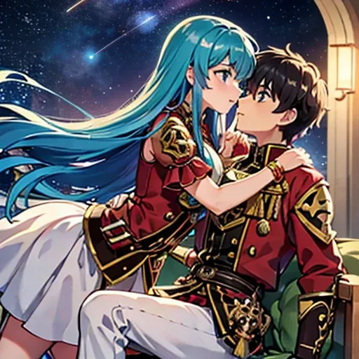 Eirika from Fire emblem the sacred stones A girl with blue eyes and light blue hair, red blouse with gold plates on her body, pink panties, a gold bracelet and white skirt affectionately kissing a boy with short black hair on the lips, ojos marrones, lente...