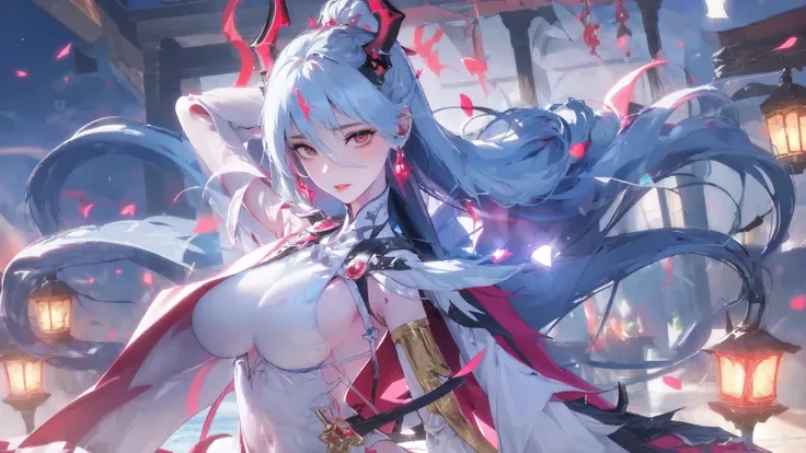 masterpiece, Best quality, ((1 Beautiful and sexy demon succubus)), hot spring，Cherry Blossom Tree，water vapor，night，lantern，pillar，Small courtyard