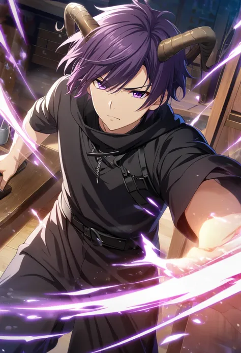 1 boy, black-purple hair, short hair, uneven hair, Chinese-dragon horns, purple eyes, black clothes, CG