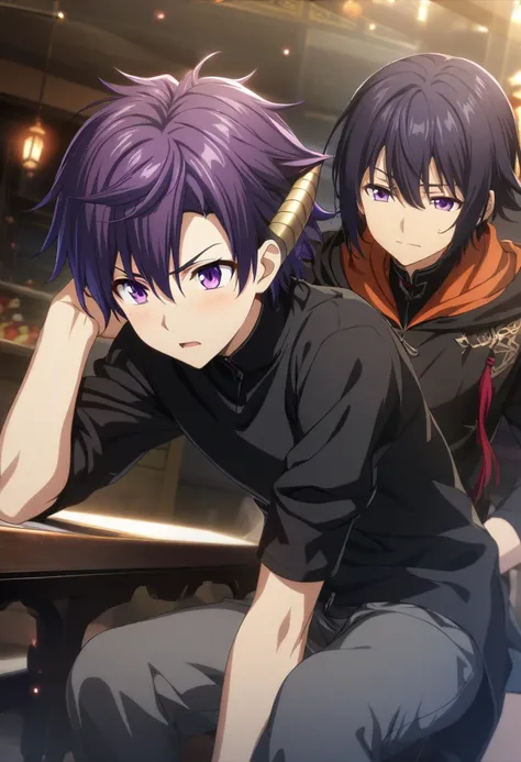 1 boy, black-purple hair, short hair, uneven hair, Chinese-dragon horns, purple eyes, black clothes, CG