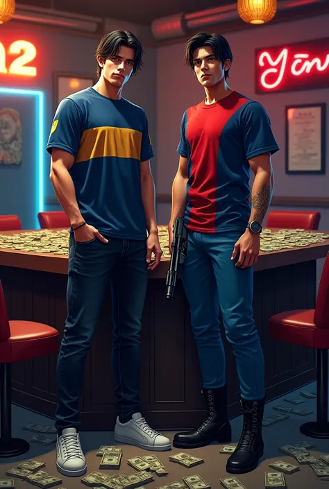 two men, man 1: black hair, blue shirt with a yellow stripe, black jeans and white sneakers.
Man 2: black hair, red and blue t-shirt, blue pants and black boots, holding a shotgun. Both looking at the viewer. Table full of money and drugs.
Striptease club ...