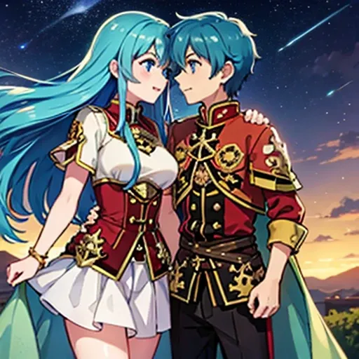 Eirika from Fire emblem the sacred stones A girl with blue eyes and light blue hair, red blouse with gold plates on her body, pink panties, a gold bracelet and white skirt affectionately kissing a boy with short black hair on the lips, ojos marrones, lente...