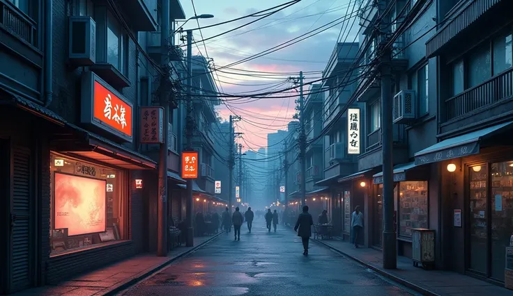 ((cyberpunk streetscape)), wide Japanese urban streets, early evening, dusk, in a small shop window isa wide-screen television, very few people on the street, 
