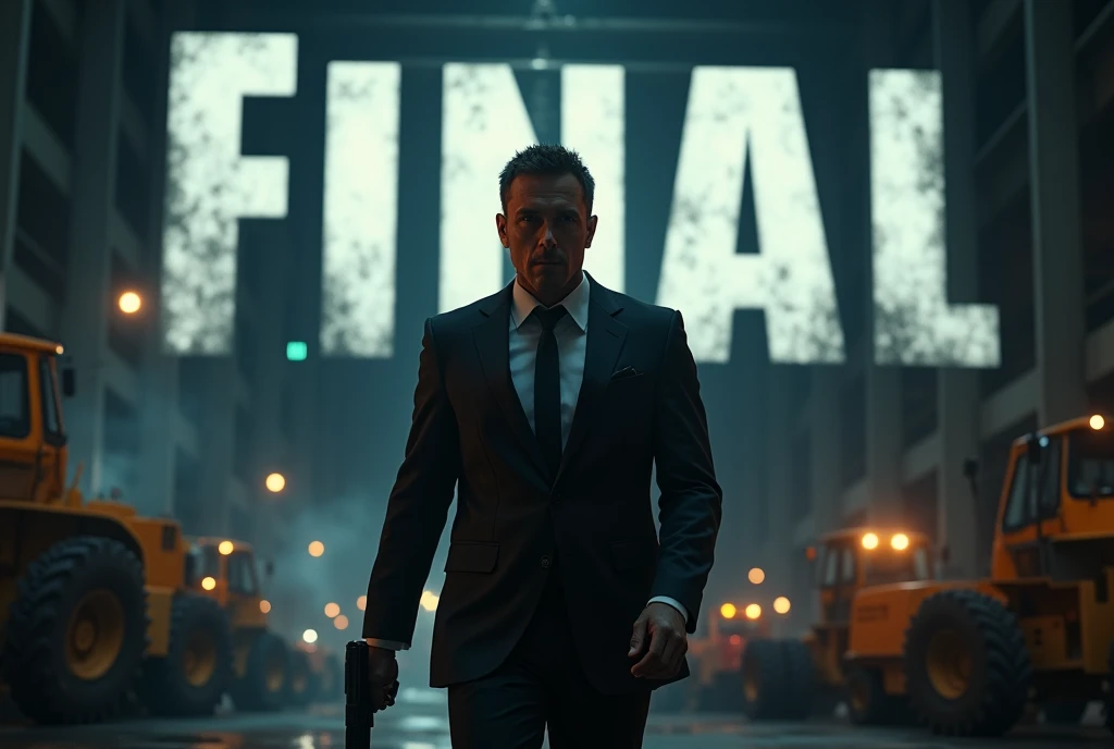 a man in a suit engaged in a gunfight, over the man "FINAL." white italic letters with shadows, modern heavy industry factory, nighttime, dramatic lighting, cinematic, high-octane action, gritty, (best quality,8k,ultra-detailed,realistic:1.37),(hyperrealis...