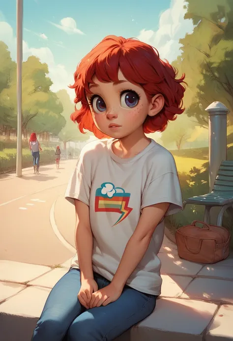 young girl(red hair, freckles, big eyes,), t-shirt, jeans, sunny, outdoors, park, rainbow