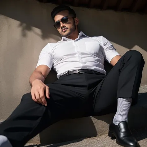 Age 30、father、mafia、Black Suit、Mountain hut。Spread your legs、Lying on the wall、Short hair slicked back、Buzz cut、father、Stubble、Sri Lankan face　　Swelling in the crotch area of your trousers　Black socks、View from below　Upper body close-up　Black sunglasses