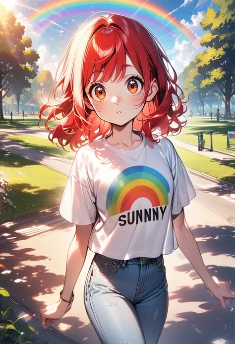 young girl(red hair, freckles, big eyes,), t-shirt, jeans, sunny, outdoors, park, rainbow