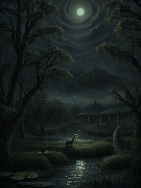 loch ness monster，night，dark swamp（Detailed background:1.2),High Detail,Low Willow ，Green toxic mist，lotus，Black murky water。