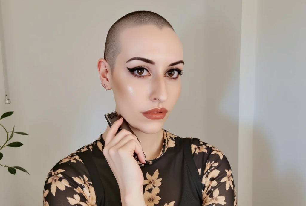 Beautiful blonde woman using hair clippers to shave her head bald, (3 photos of at different stages of shaving her head ((beginning=long hair), (middle=half bald), and (finished=clean shaven bald)))