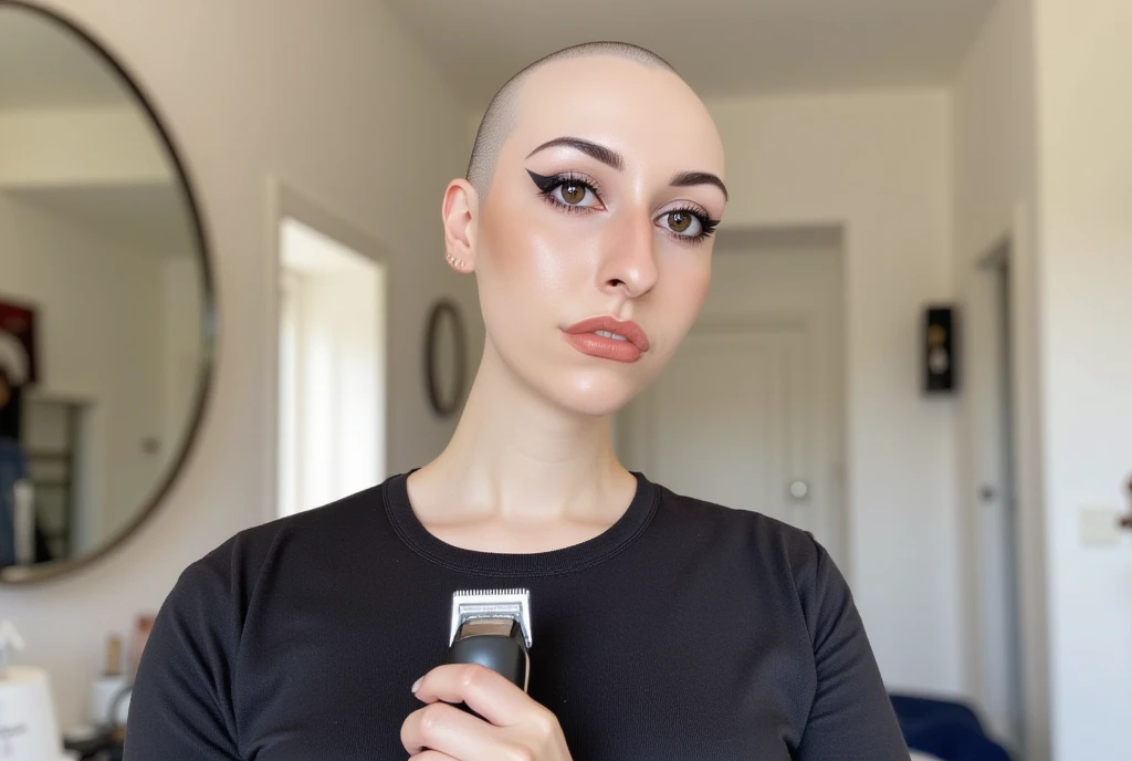 Beautiful woman using hair clippers to shave her head bald, (3 photos of at different stages of shaving her head ((beginning=(very long hair), ((middle=(half bald head)), and ((finished=(clean shaven bald head))))