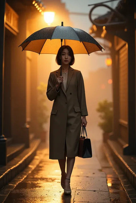 a portrait of a asian woman, In a narrow, rainy street covered in soft mist and illuminated by golden lamplights, an Asian woman holding an umbrella walks towards the viewer. The mist adds a dreamy and mysterious atmosphere, while the wet pavement reflects...