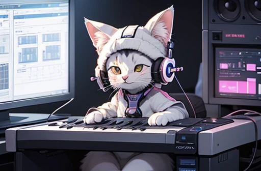 An animal cat wearing a cool and cute hat is making music on the bridge of a futuristic spaceship with headphones around its neck、synthesizer、note