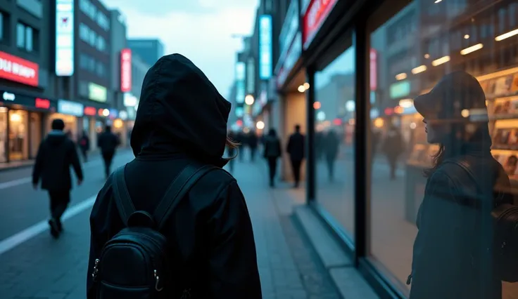 ((cyberpunk streetscape)), wide Japanese urban streets, early evening, dusk, in a small shop window is a wide-screen television, very few people on the street, front on of shop window seen over shoulder of a woman in a black hooded coat
