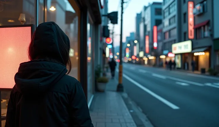 ((cyberpunk streetscape)), wide Japanese urban streets, early evening, dusk, in a small shop window is a wide-screen television, very few people on the street, front on of shop window seen over shoulder of a woman in a black hooded coat
