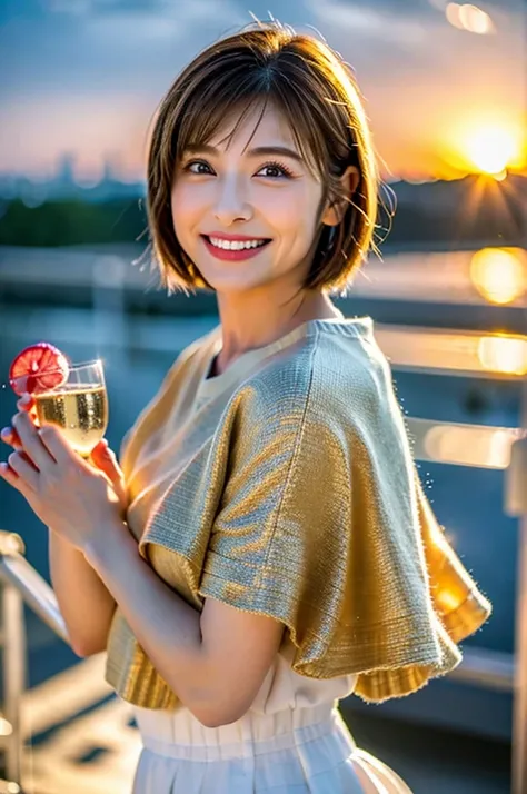 (Realistic, 超Realistic:1.4), 16K HDR, High resolution,((Wine Glasses)),(Wine bottle),((Champagne glasses)),Happy smile、short hair,The best smile、Japanese actress,so beautiful(It looks like the real thing),dress、red wine、White Wine、Sparkling wine、Slim coupl...