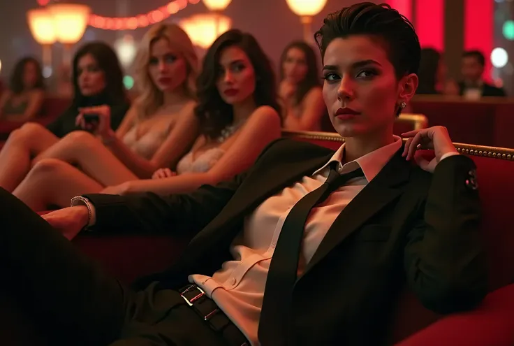 a stylish swagger tomboy woman short hair in a suit and tie reclining while laying flat, with multiple girls laying around her their legs visible in the frame, fashion,elegant,glamorous posture (best quality,4k,8k,highres,masterpiece:1.2),ultra-detailed,(r...