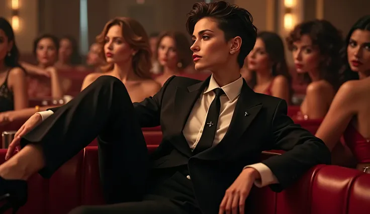 a stylish swagger tomboy woman short hair in a suit and tie reclining while laying flat, with multiple girls laying around her their legs visible in the frame, fashion,elegant,glamorous posture (best quality,4k,8k,highres,masterpiece:1.2),ultra-detailed,(r...