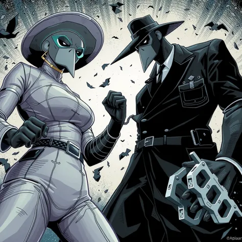 spy vs spy comic, Grey Spy, a powerful lady with brass knuckles, standing strong in victory in a Peter Kuper-style splash page. The two spies, (SPY VS SPY. mad magazine Antonio Prohías one in white and the other in black, with their iconic over-sized fedor...