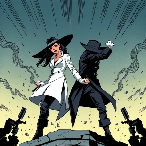 spy vs spy comic, Grey Spy, a powerful lady with brass knuckles, standing strong in victory in a Peter Kuper-style splash page. The two spies, (SPY VS SPY. mad magazine Antonio Prohías one in white and the other in black, with their iconic over-sized fedor...