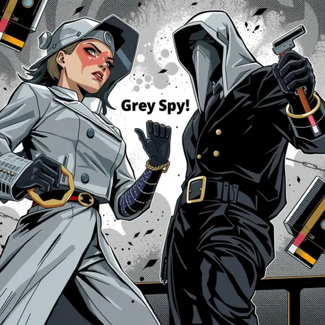 spy vs spy comic, Grey Spy, a powerful lady with brass knuckles, standing strong in victory in a Peter Kuper-style splash page. The two spies, (SPY VS SPY. mad magazine Antonio Prohías one in white and the other in black, with their iconic over-sized fedor...