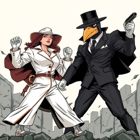 spy vs spy comic, Grey Spy, a powerful lady with brass knuckles, standing strong in victory in a Peter Kuper-style splash page. The two spies, (SPY VS SPY. mad magazine Antonio Prohías one in white and the other in black, with their iconic over-sized fedor...