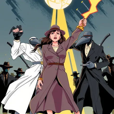 spy vs spy comic, grey spy, a powerful lady with brass knuckles, standing strong in victory in a peter kuper-style splash page. ...