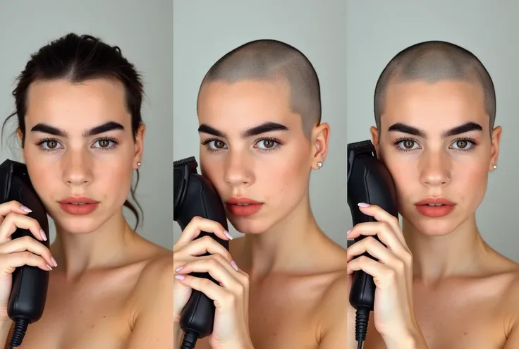 Beautiful woman using hair clippers to shave her head bald, (3 separate photos each at a different stages of shaving her head bald and each with her looking at the viewer ((first image = (very long hair), ((second image = (side and top of head are bald), a...