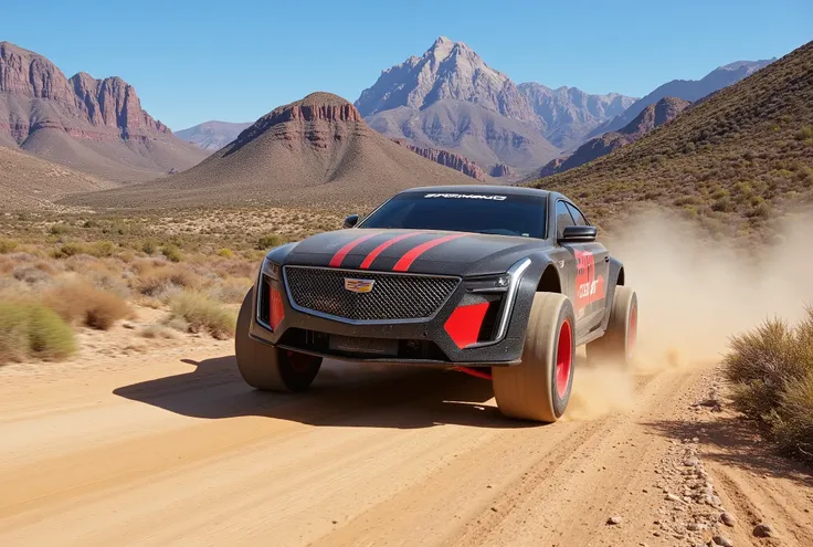 Cadillac CT5 with big high rally car tyres, driving fast on deserted dusty mountain road