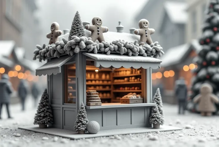 A model of a sales booth at a Christmas market,monotone,Three-dimensional and simple,On the roof there are lots of Christmas decorations and gingerbread man decorations.