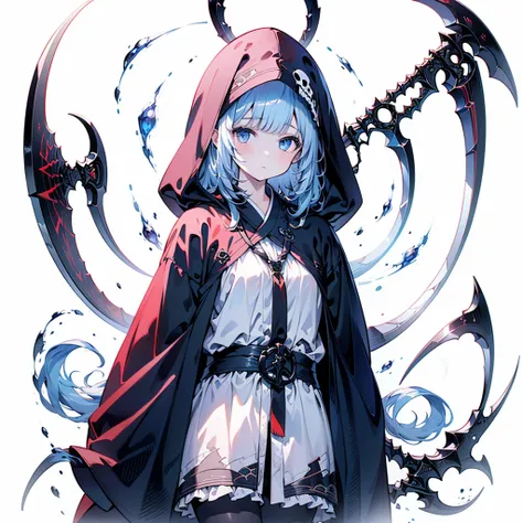 1girl,(((Best Quality、Masterpiece、Super detailed、High definition、The best composition、3Ⅾ、HHD)))、 （Beautiful eyes、Super detailedな目）、devil、 dark, Huge military scythe,Simple Background、dark、Darkness、Skeleton、skull