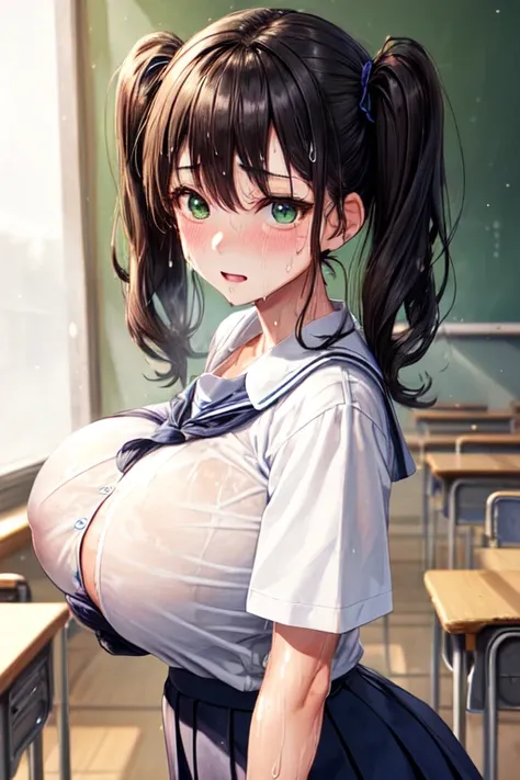 Baby Face、(sweat:1.6)、Twin tails、Black Hair、green eyes、(Big Breasts:1.9)、((Ordinary school uniform))、classroom、Upper body only、(((((Viewed from the front:1.0)))))、(((Normal shirt)))