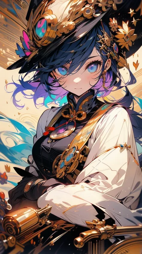 a close up of a poster with a girl on a bike, alchemist girl, mechanized witch girl, by Kamisaka Sekka, , by Kamagurka, like lady mechanika, character art of maple story, [ tarot card ]!!!!!, full portrait of elementalist, zerochan art, in style of cytus a...