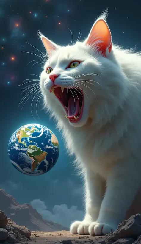 A large White cat with its mouth wide open as if it is about to eat the Earth. The Earth is small and positioned near the cat’s mouth. The background is a dark, star-filled outer space with swirling nebulae, creating a surreal and humorous cosmic scene. Th...