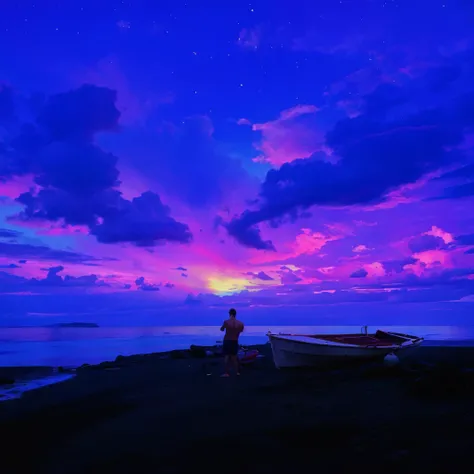 Fit shirtless young guy looking at horizon by the boat on the sea beach at ruby cloudy sunset