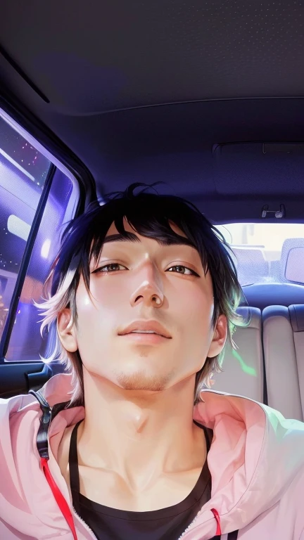 there is a man sitting in the back seat of a car, 2 , 2 , anime, taken in the early 2020s, 2 , 2 , 2 , anime, profile pic, front profile!!!!, profile picture 1024px, 3 