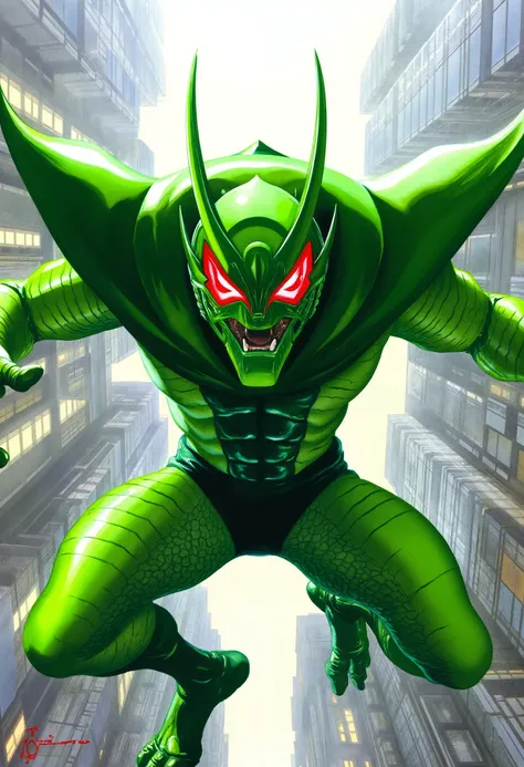 a green male grasshopper themed super sentai  superhero, red eyes